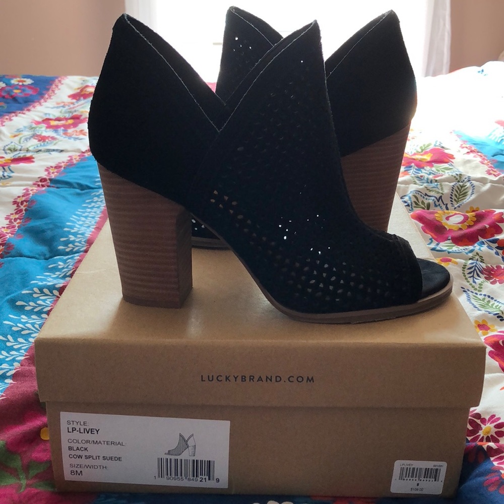 Lucky Brand Open Toe Bootie Black Suede 8